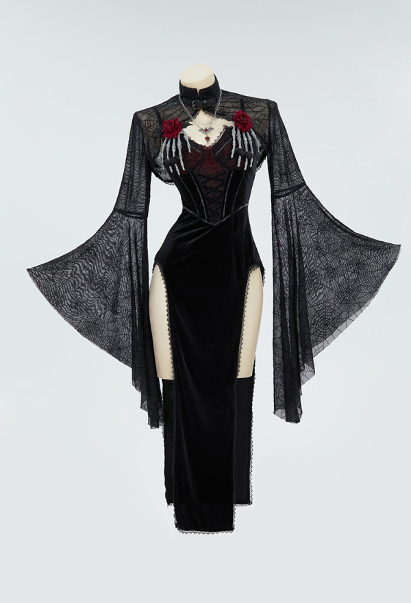 Blood Moon Silhouette Gothic Halloween Dress Black Vampire Slit Dress and Spiderweb Flare Sleeve Cloak with Necklace