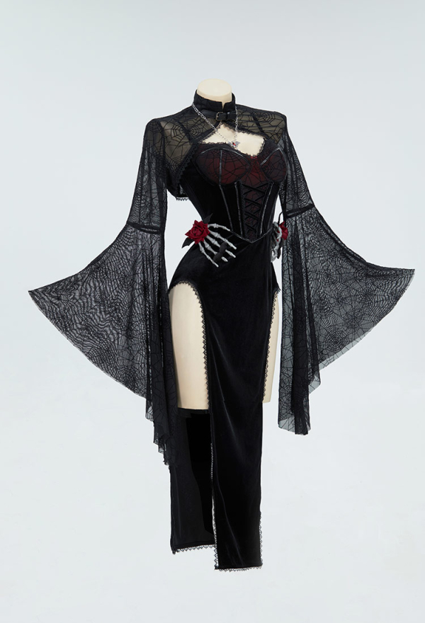 Blood Moon Silhouette Gothic Halloween Dress Black Vampire Slit Dress and Spiderweb Flare Sleeve Cloak with Necklace