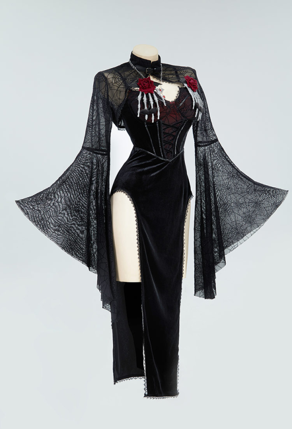 Blood Moon Silhouette Gothic Halloween Dress Black Vampire Slit Dress and Spiderweb Flare Sleeve Cloak with Necklace