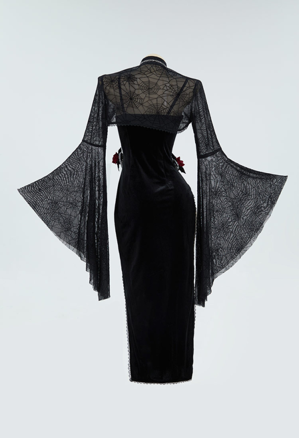 Blood Moon Silhouette Gothic Halloween Dress Black Vampire Slit Dress and Spiderweb Flare Sleeve Cloak with Necklace