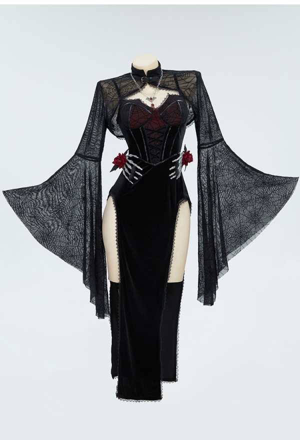 Blood Moon Silhouette Gothic Halloween Dress Black Vampire Slit Dress and Spiderweb Flare Sleeve Cloak with Necklace
