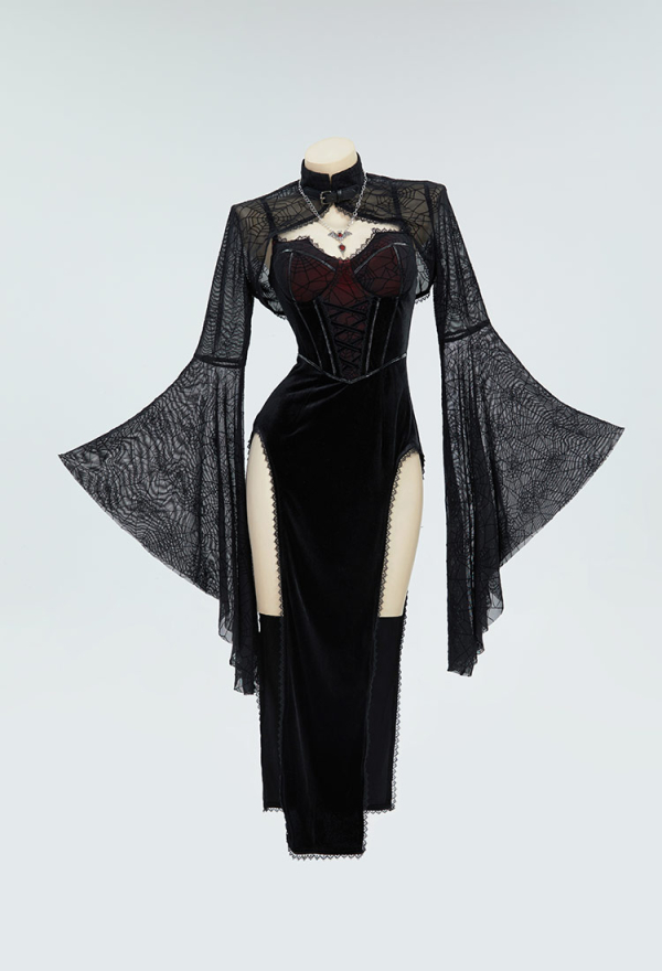 Blood Moon Silhouette Gothic Halloween Dress Black Vampire Slit Dress and Spiderweb Flare Sleeve Cloak with Necklace