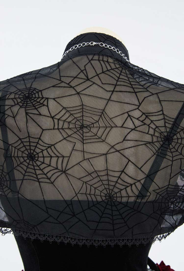 Blood Moon Silhouette Gothic Halloween Dress Black Vampire Slit Dress and Spiderweb Flare Sleeve Cloak with Necklace