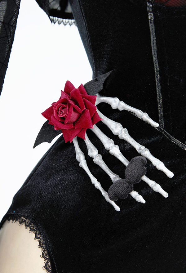 Blood Moon Silhouette Gothic Halloween Dress Black Vampire Slit Dress and Spiderweb Flare Sleeve Cloak with Necklace