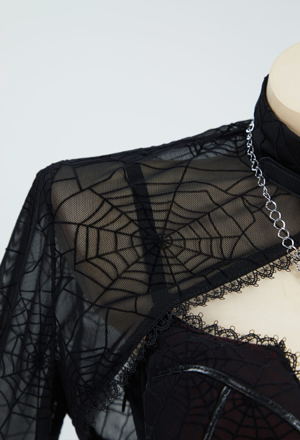 Blood Moon Silhouette Gothic Halloween Dress Black Vampire Slit Dress and Spiderweb Flare Sleeve Cloak with Necklace