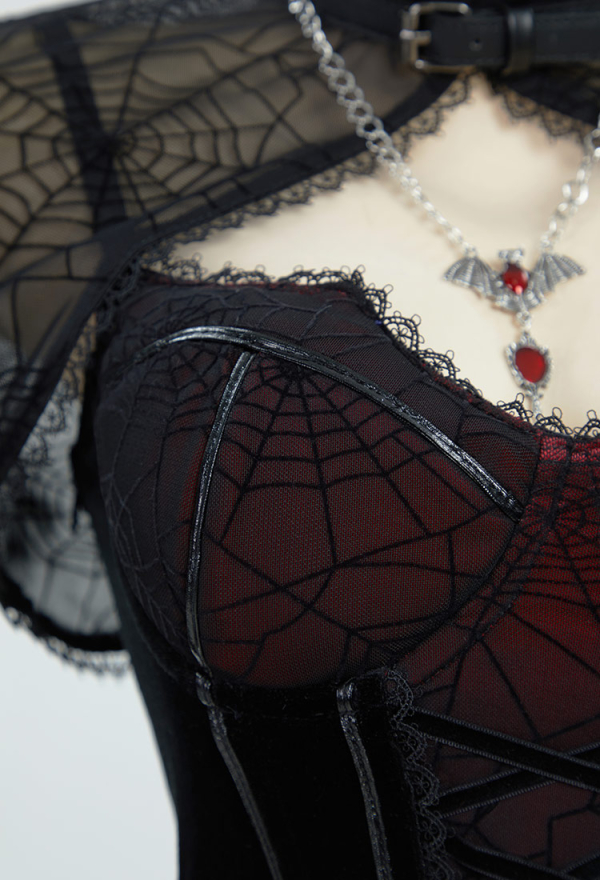 Blood Moon Silhouette Gothic Halloween Dress Black Vampire Slit Dress and Spiderweb Flare Sleeve Cloak with Necklace