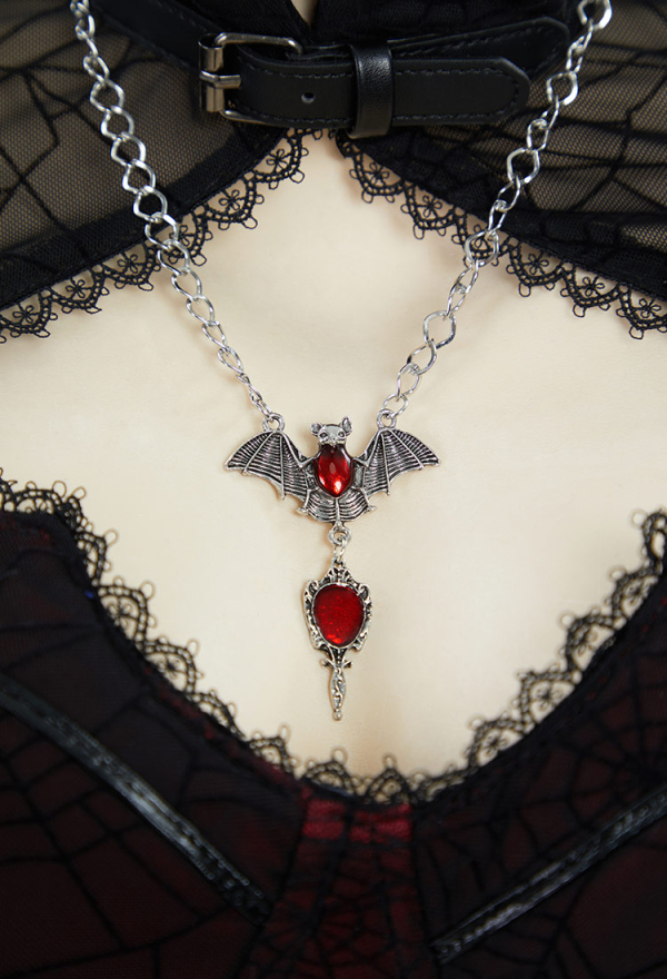 Blood Moon Silhouette Gothic Halloween Dress Black Vampire Slit Dress and Spiderweb Flare Sleeve Cloak with Necklace