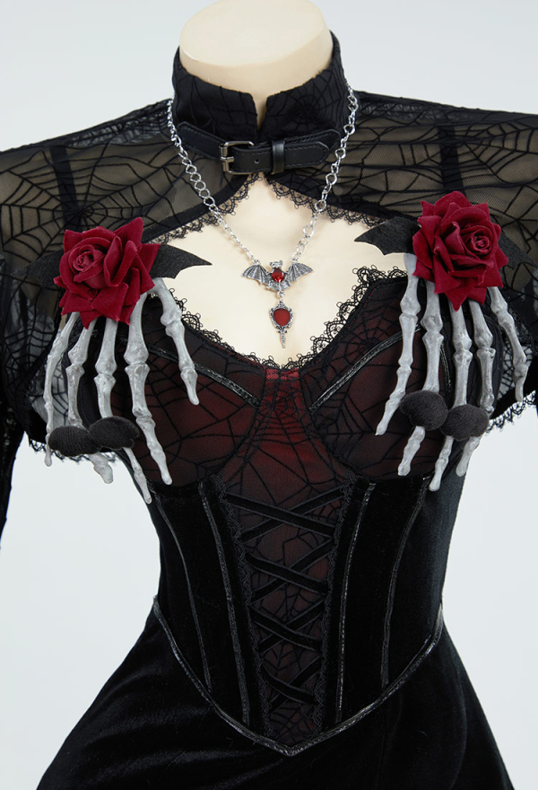 Blood Moon Silhouette Gothic Halloween Dress Black Vampire Slit Dress and Spiderweb Flare Sleeve Cloak with Necklace