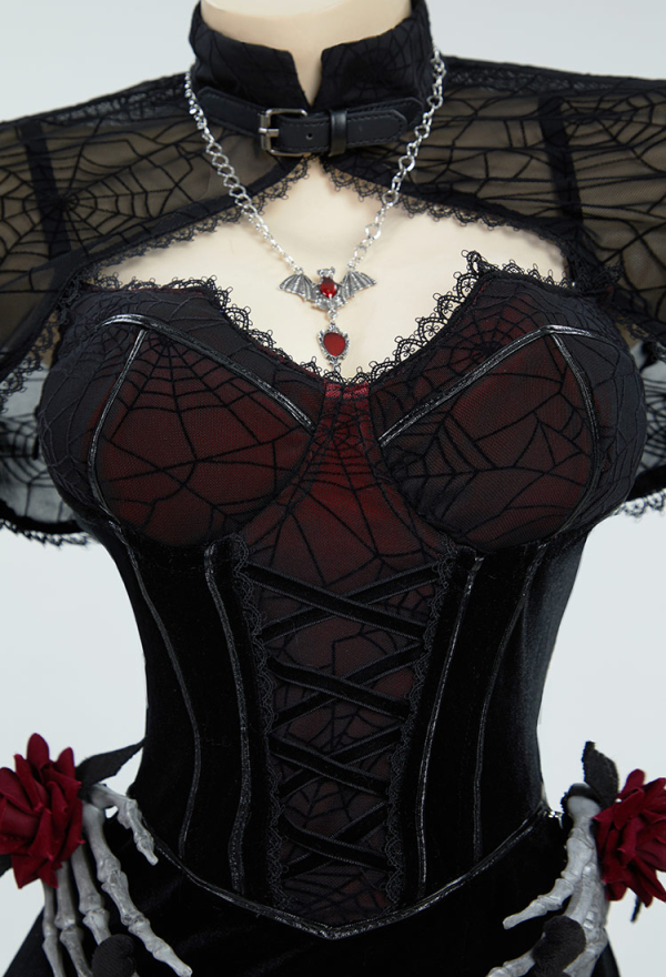 Blood Moon Silhouette Gothic Halloween Dress Black Vampire Slit Dress and Spiderweb Flare Sleeve Cloak with Necklace
