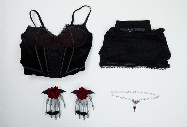 Blood Moon Silhouette Gothic Halloween Dress Black Vampire Slit Dress and Spiderweb Flare Sleeve Cloak with Necklace