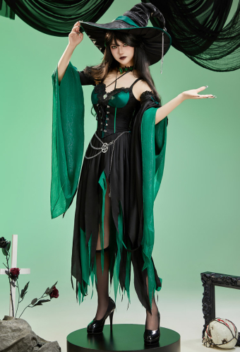 Green Menace Halloween Witch Costume Halter Top and Irregular Skirt with Sleeves and Hat