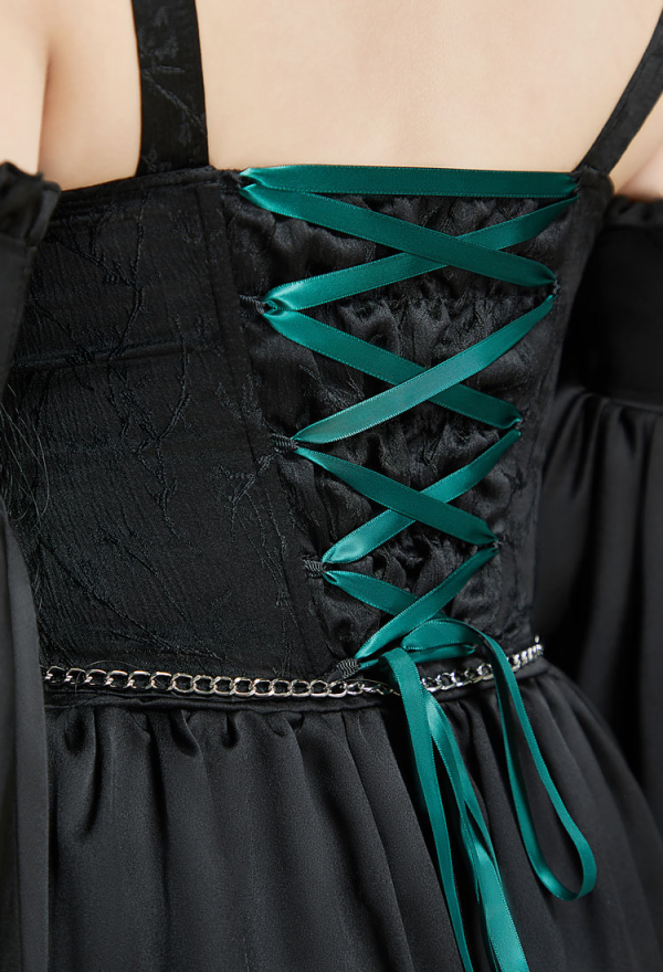 Green Menace Halloween Witch Costume Halter Top and Irregular Skirt with Sleeves and Hat