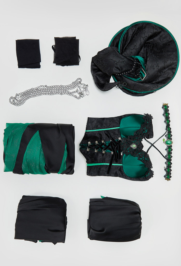 Green Menace Halloween Witch Costume Halter Top and Irregular Skirt with Sleeves and Hat