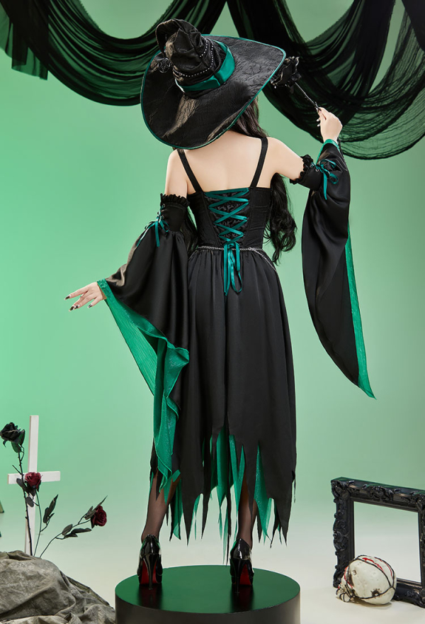 Green Menace Halloween Witch Costume Halter Top and Irregular Skirt with Sleeves and Hat