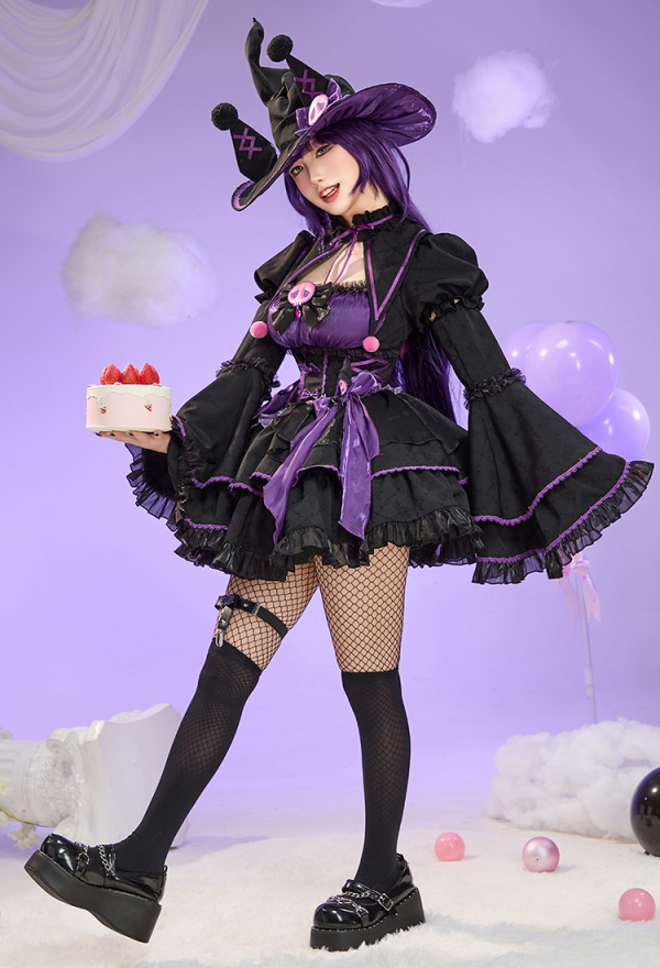 Anime Doll Derivative Halloween Witch Costume Set Gothic Lolita Dress with Cape and Hat
