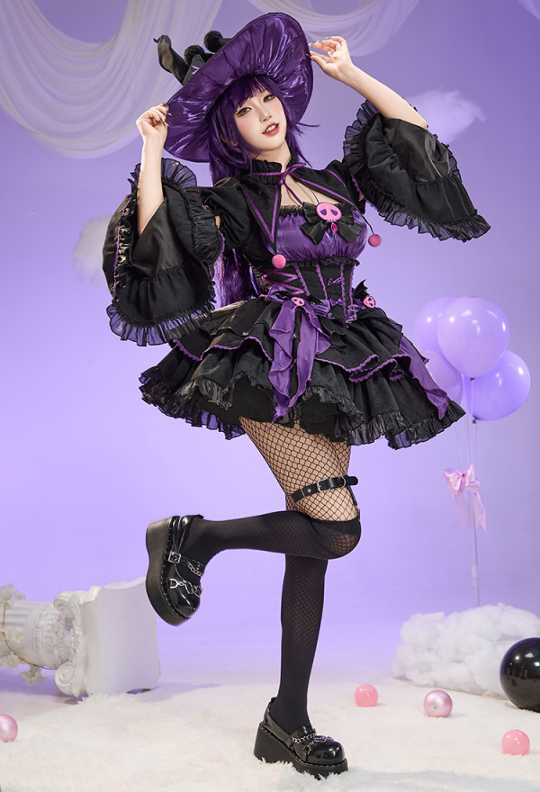 Anime Doll Derivative Halloween Witch Costume Set Gothic Lolita Dress with Cape and Hat