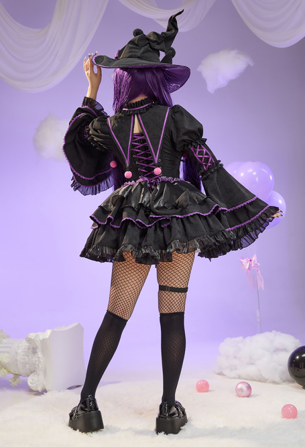 Anime Doll Derivative Halloween Witch Costume Set Gothic Lolita Dress with Cape and Hat