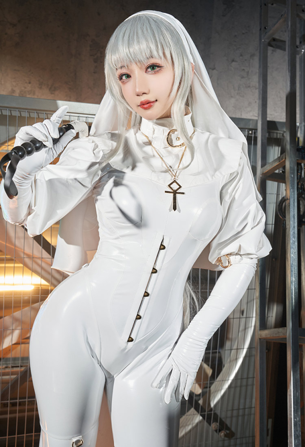 Sexy Lingerie Set Halloween White Nun Costume Bodysuit Jumpsuit with Collar Headband Necklace
