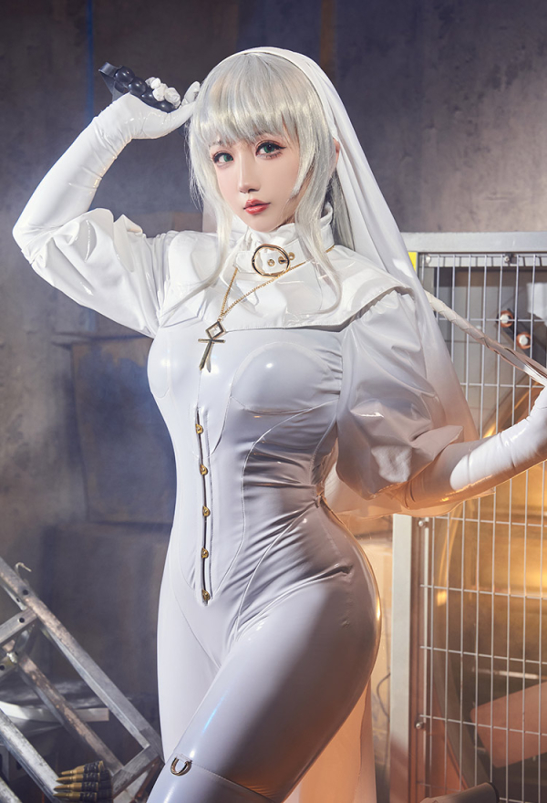 Sexy Lingerie Set Halloween White Nun Costume Bodysuit Jumpsuit with Collar Headband Necklace