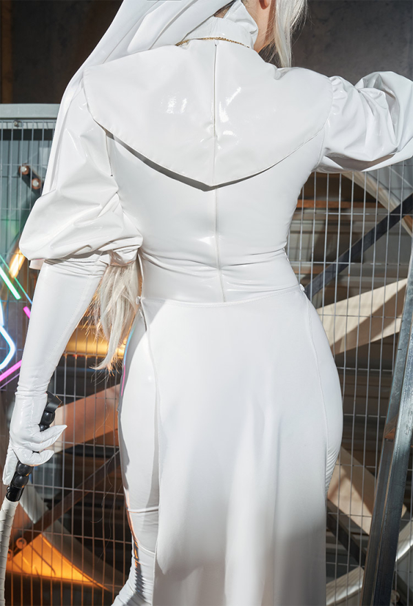 Sexy Lingerie Set Halloween White Nun Costume Bodysuit Jumpsuit with Collar Headband Necklace