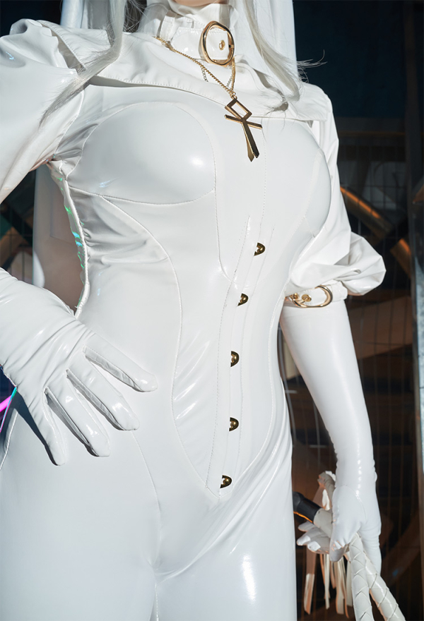 Sexy Lingerie Set Halloween White Nun Costume Bodysuit Jumpsuit with Collar Headband Necklace