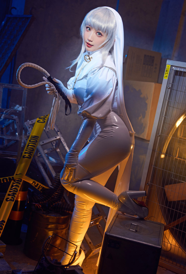 Sexy Lingerie Set Halloween White Nun Costume Bodysuit Jumpsuit with Collar Headband Necklace