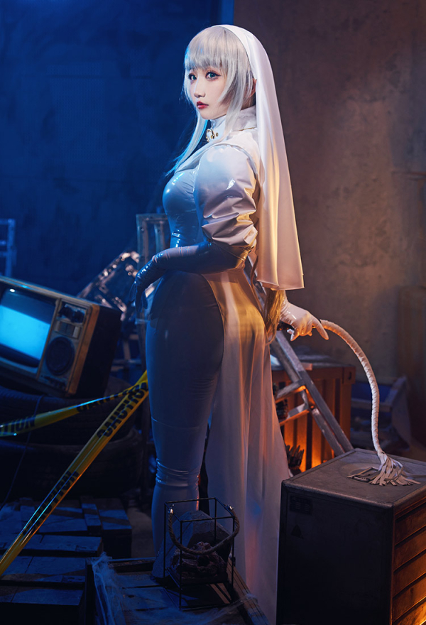 Sexy Lingerie Set Halloween White Nun Costume Bodysuit Jumpsuit with Collar Headband Necklace