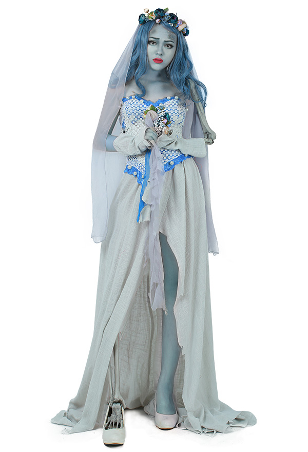 Gothic Halloween Graveyard Ghost Dress Cotton Bride Skeleton Dress with Headdress Gothic Halloween Graveyard Ghost Dress Cotton Bride Skeleton Dress with Headdress