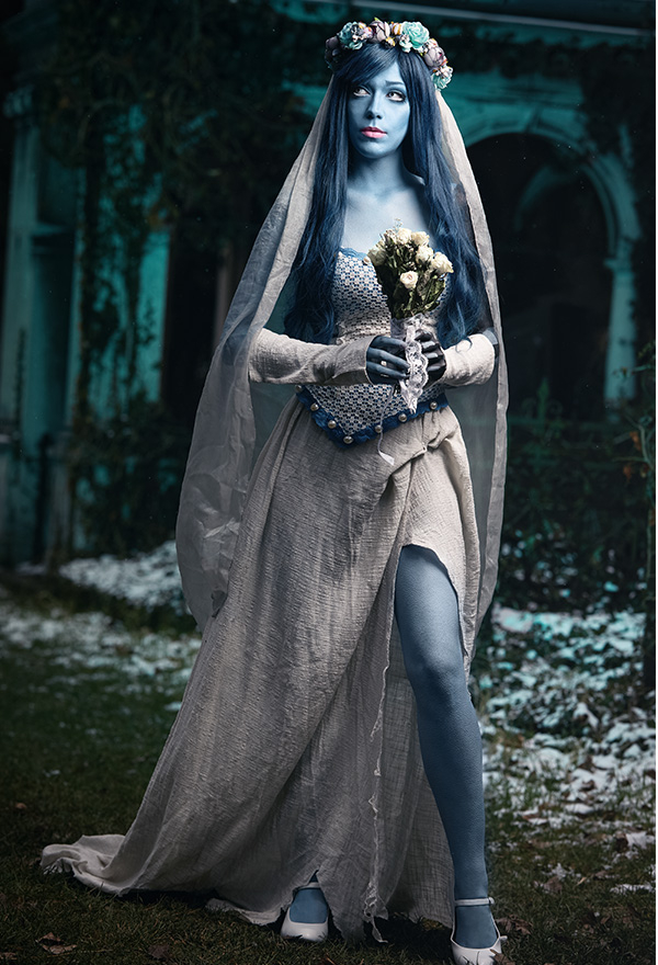 Gothic Halloween Graveyard Ghost Dress Cotton Bride Skeleton Dress with Headdress Gothic Halloween Graveyard Ghost Dress Cotton Bride Skeleton Dress with Headdress