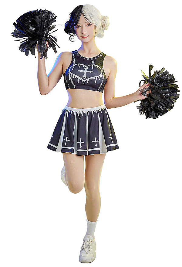 Zombie Cheerleader Gothic Heart Shape Print Crop Top and Skirt Cheerleader Costume for Halloween