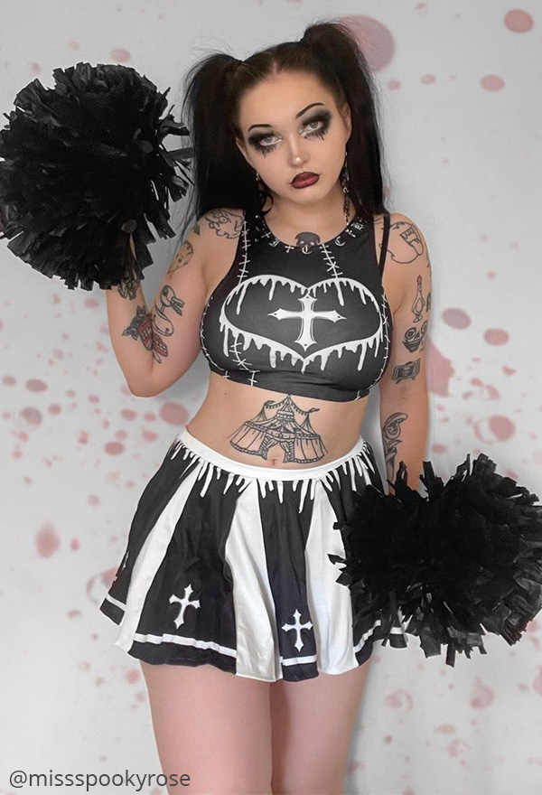 Zombie Cheerleader Gothic Heart Shape Print Crop Top and Skirt Cheerleader Costume for Halloween