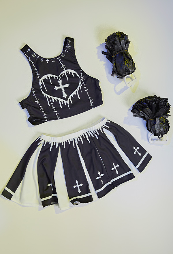 Zombie Cheerleader Gothic Heart Shape Print Crop Top and Skirt Cheerleader Costume for Halloween