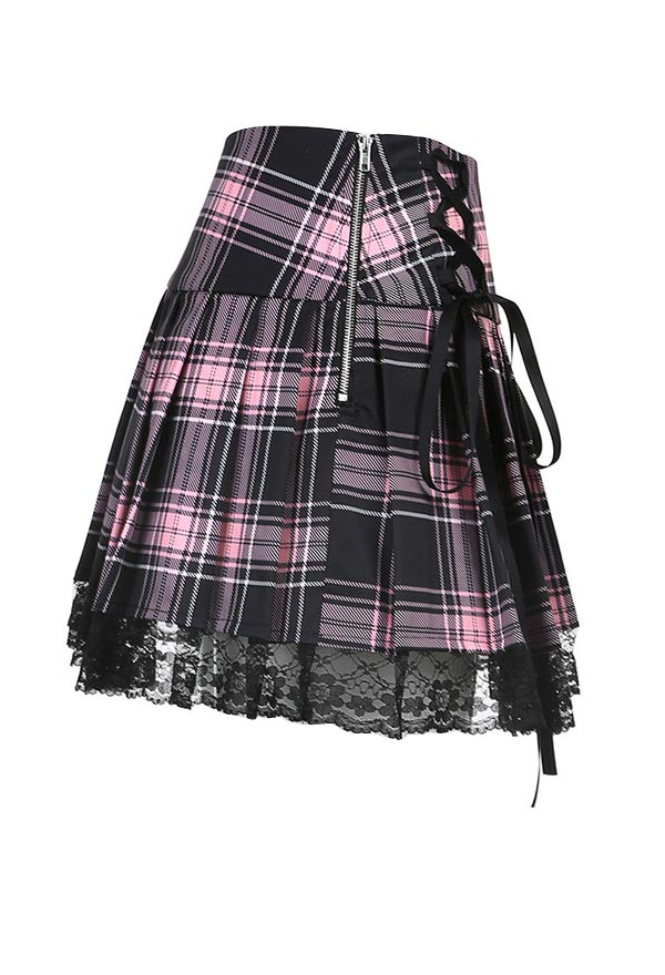 Y2K Style Lace Up Ribbon Plaid Pastel Mini Skirt Mall Goth Pleated Short Skirt
