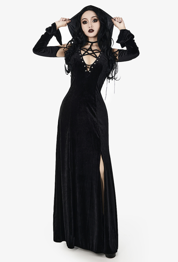 Wicked Witch Gothic Black Split Off-Shoulder Hooded Dress Dark Style Long Elegant Halloween Dress