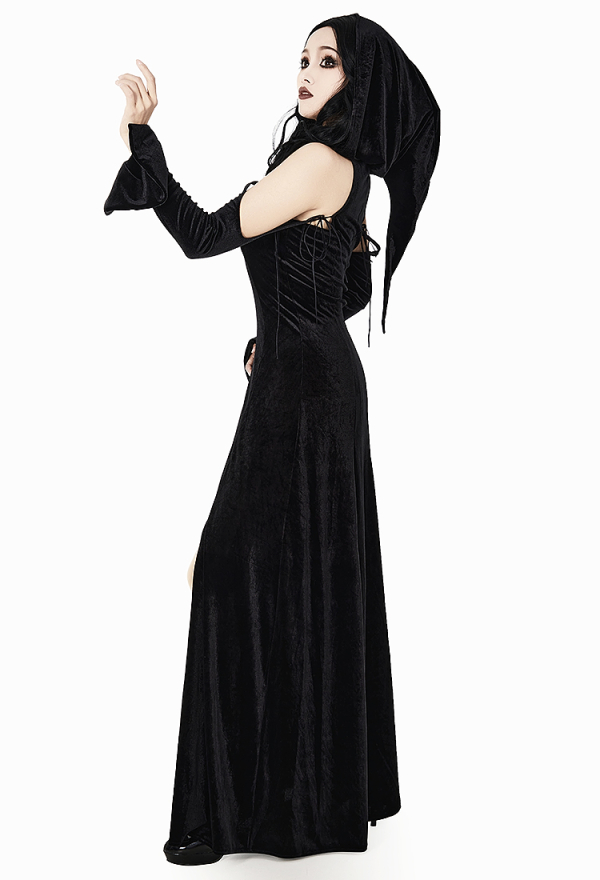 Wicked Witch Gothic Black Split Off-Shoulder Hooded Dress Dark Style Long Elegant Halloween Dress