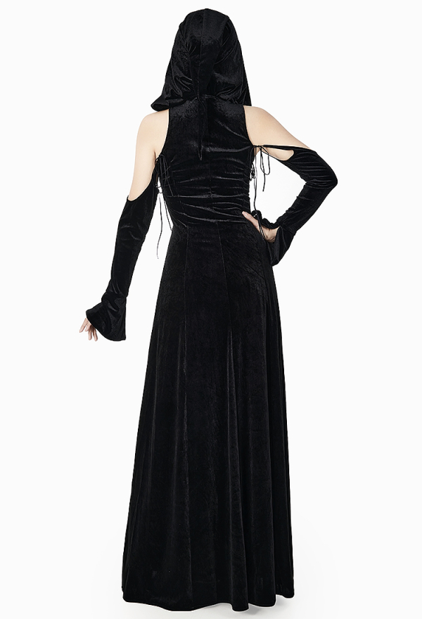 Wicked Witch Gothic Black Split Off-Shoulder Hooded Dress Dark Style Long Elegant Halloween Dress