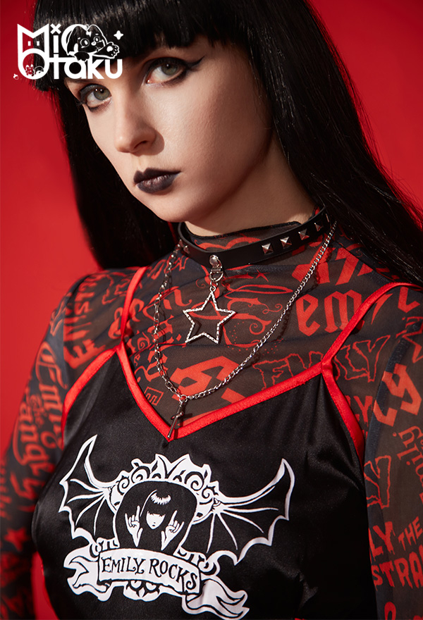 Emily the Strange Gothic Bat Print Halloween Costume Sling Dress and Top Two-Piece Set Emily the Strange Gothic Bat Print Halloween Costume Sling Dress and Top Two-Piece Set