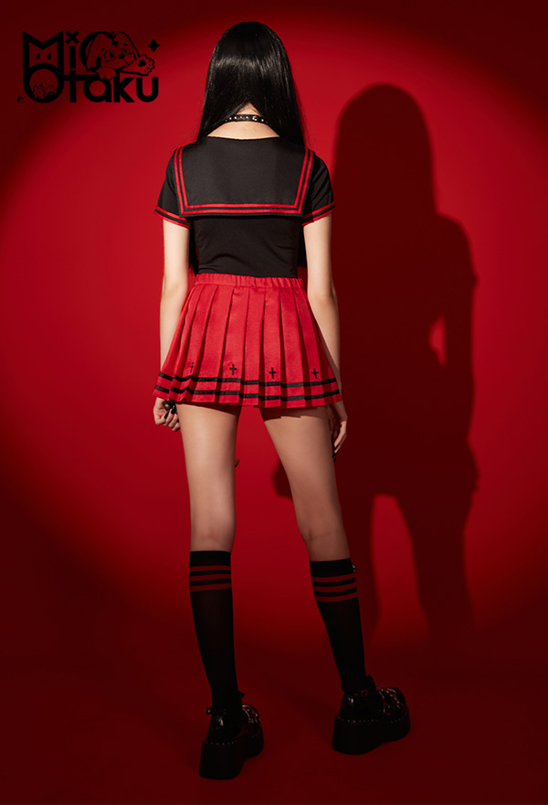 Emily the Strange Pentagram Print Halloween Costume Two-Piece Sailor Uniform with Pleated Skirt
