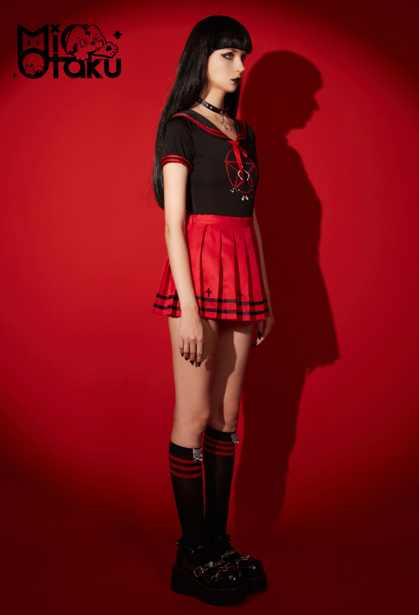 Emily the Strange Pentagram Print Halloween Costume Two-Piece Sailor Uniform with Pleated Skirt