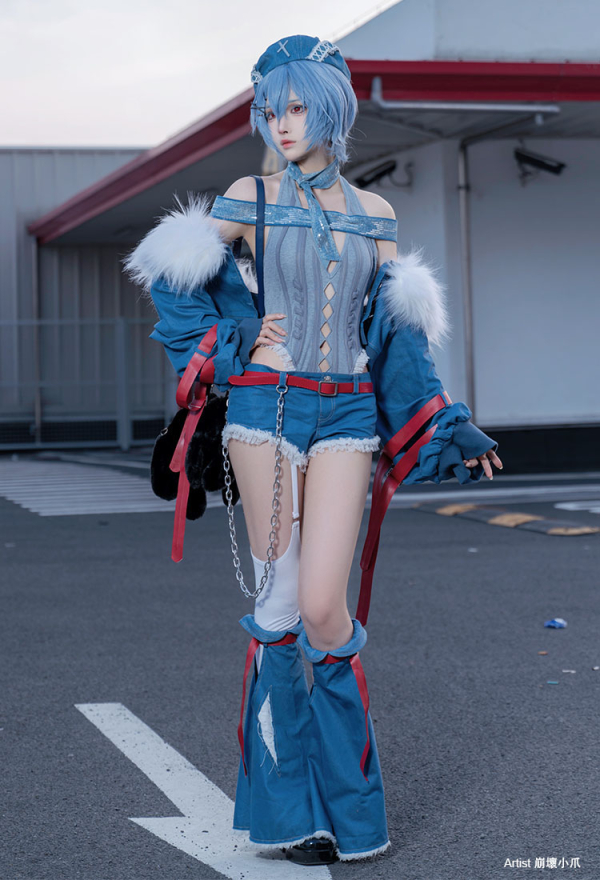 Anime Girl Cosplay Costume Knitted Bodysuit Set with Denim Shorts Jacket and Hat