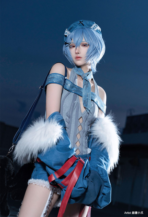 Anime Girl Cosplay Costume Knitted Bodysuit Set with Denim Shorts Jacket and Hat