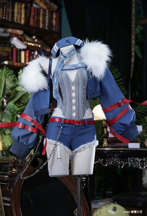 Anime Girl Cosplay Costume Knitted Bodysuit Set with Denim Shorts Jacket and Hat