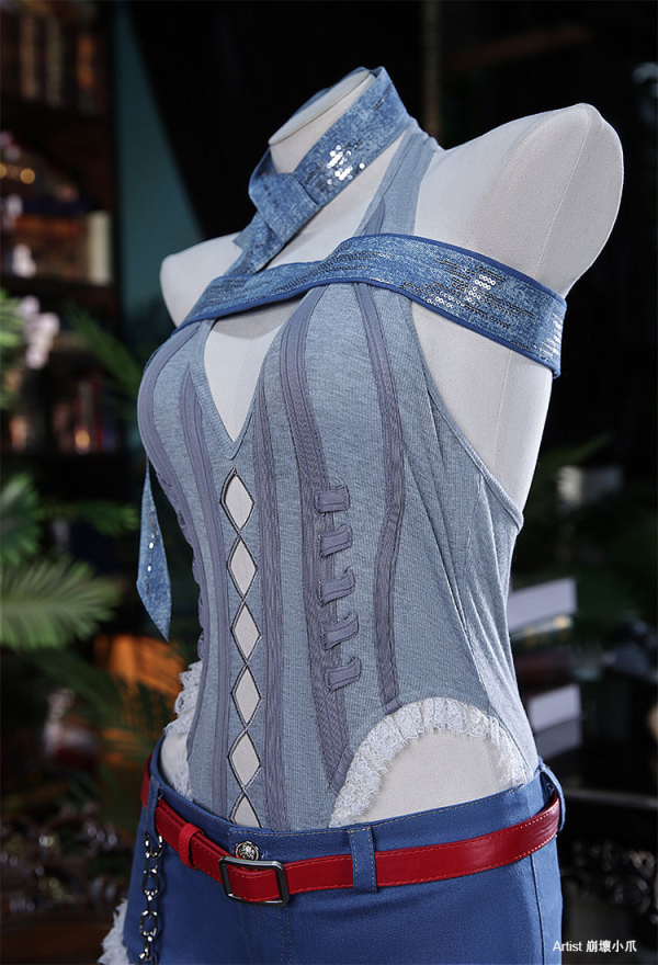 Anime Girl Cosplay Costume Knitted Bodysuit Set with Denim Shorts Jacket and Hat