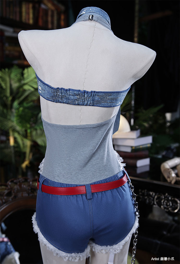 Anime Girl Cosplay Costume Knitted Bodysuit Set with Denim Shorts Jacket and Hat