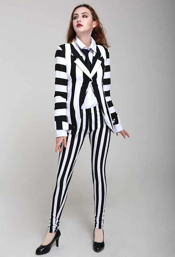 Gothic Vertical Stripes Curvy-fit Jacket Suit Black and White Cotton Jacket Suit with Tie Halloween Costume for Woman Gothic Vertical Stripes Curvy-fit Jacket Suit Black and White Cotton Jacket Suit with Tie Halloween Costume for Woman
