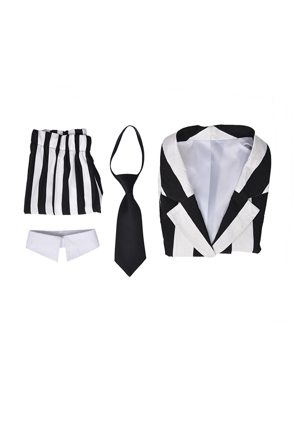Gothic Vertical Stripes Curvy-fit Jacket Suit Black and White Cotton Jacket Suit with Tie Halloween Costume for Woman Gothic Vertical Stripes Curvy-fit Jacket Suit Black and White Cotton Jacket Suit with Tie Halloween Costume for Woman