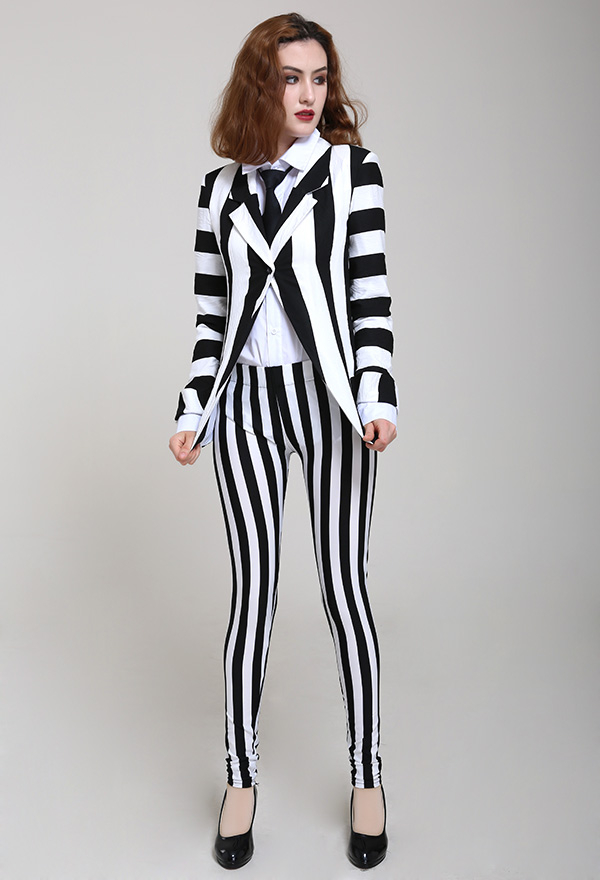 Gothic Vertical Stripes Curvy-fit Jacket Suit Black and White Cotton Jacket Suit with Tie Halloween Costume for Woman Gothic Vertical Stripes Curvy-fit Jacket Suit Black and White Cotton Jacket Suit with Tie Halloween Costume for Woman