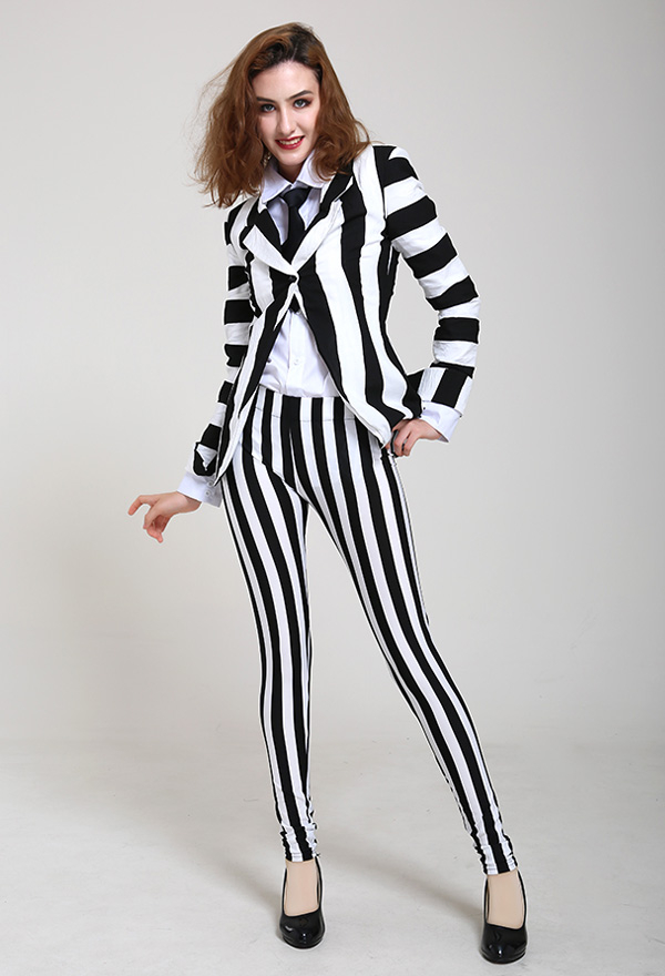 Gothic Vertical Stripes Curvy-fit Jacket Suit Black and White Cotton Jacket Suit with Tie Halloween Costume for Woman Gothic Vertical Stripes Curvy-fit Jacket Suit Black and White Cotton Jacket Suit with Tie Halloween Costume for Woman