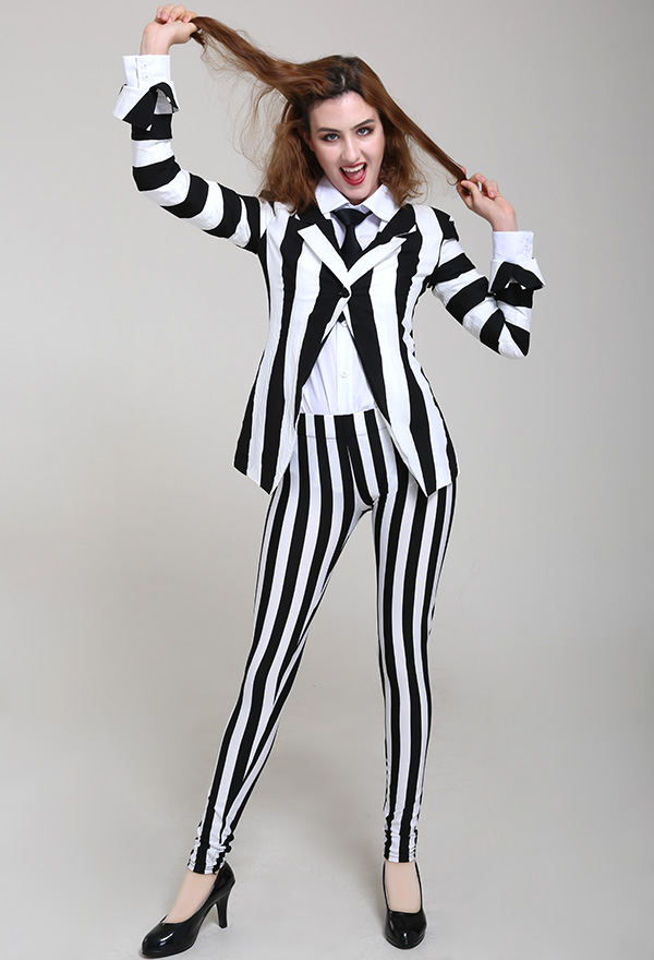 Gothic Vertical Stripes Curvy-fit Jacket Suit Black and White Cotton Jacket Suit with Tie Halloween Costume for Woman Gothic Vertical Stripes Curvy-fit Jacket Suit Black and White Cotton Jacket Suit with Tie Halloween Costume for Woman