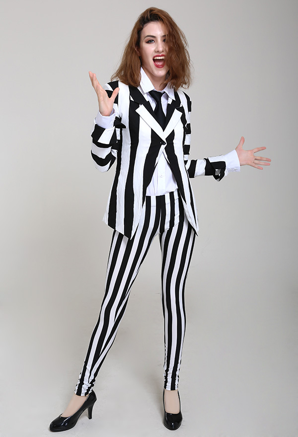 Gothic Vertical Stripes Curvy-fit Jacket Suit Black and White Cotton Jacket Suit with Tie Halloween Costume for Woman Gothic Vertical Stripes Curvy-fit Jacket Suit Black and White Cotton Jacket Suit with Tie Halloween Costume for Woman